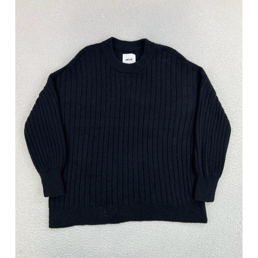 Aerie Sweater Womens XS Black Ribbed Knit Crewneck Pullover Long Sleeve Soft